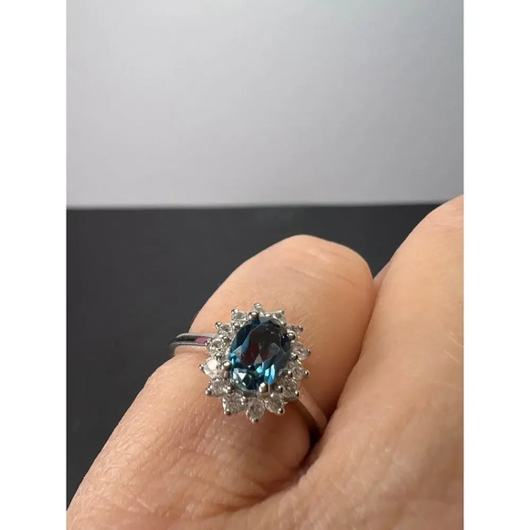 London blue topaz halo ring in platinum over sterling silver. ctw 1.40 size 5 - Picture 11 of 11